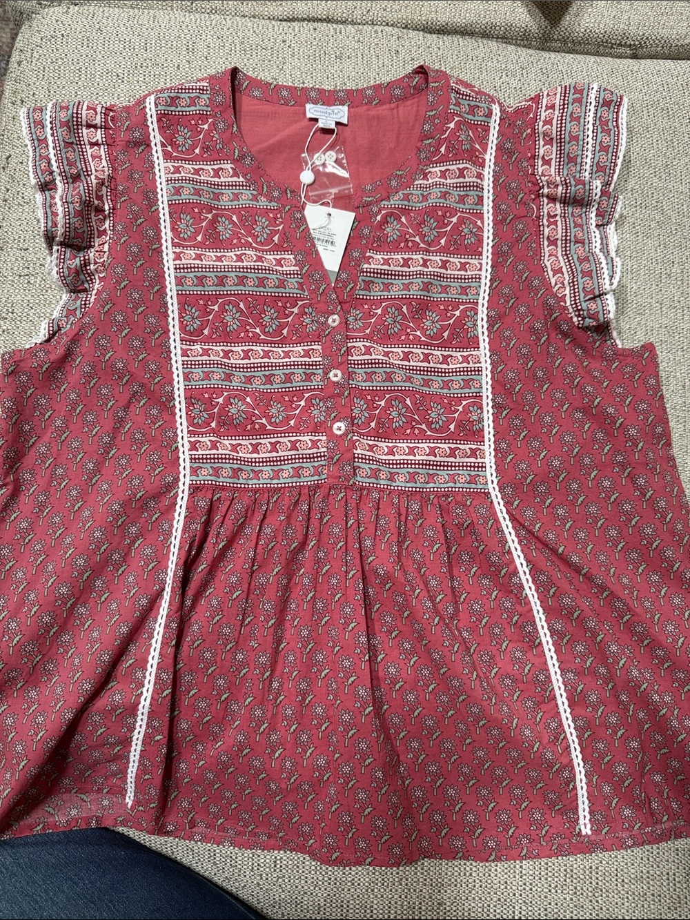 Mud Pie Rose Red Printed Ruffle Sleeve Top